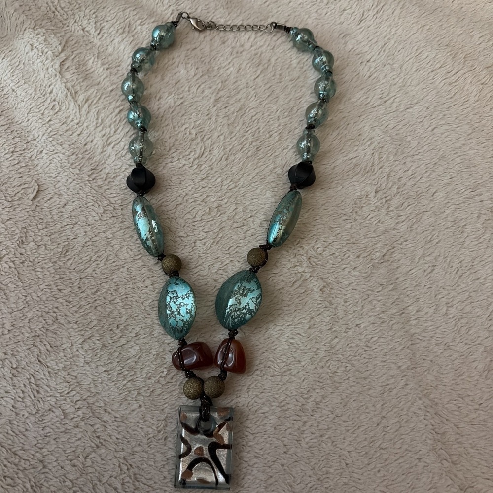Estate Jewelry Green Blue Chunky Beads With Dichroic Glass Pendant Boho